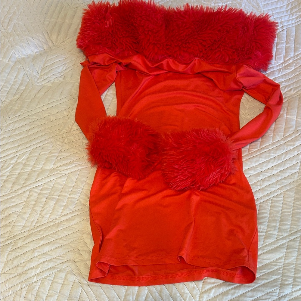 SHEIN Red Dress with Faux Fur Accents